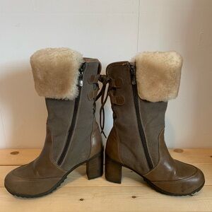 Pajar Taupe Mid-Calf Faux Fur Cuff Heeled Boots-Leather